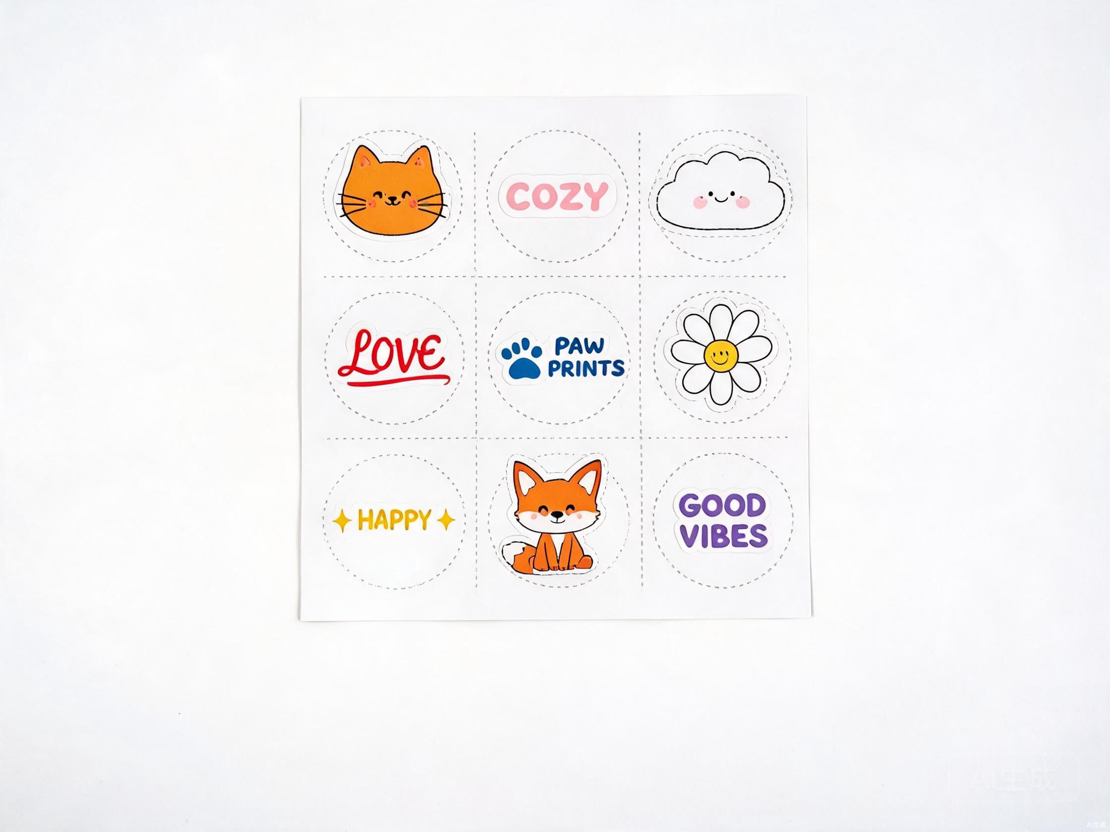 A5 kiss-cut sticker sheet grid with cute cartoon and typography designs