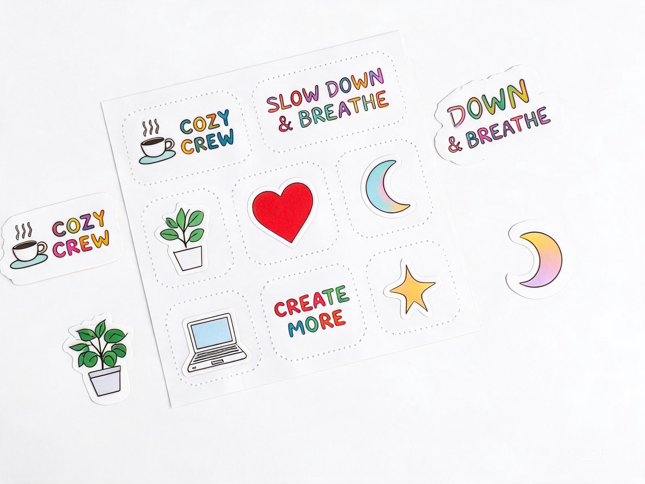 A4 kiss-cut paper sticker sheet with colorful cartoon and typography designs